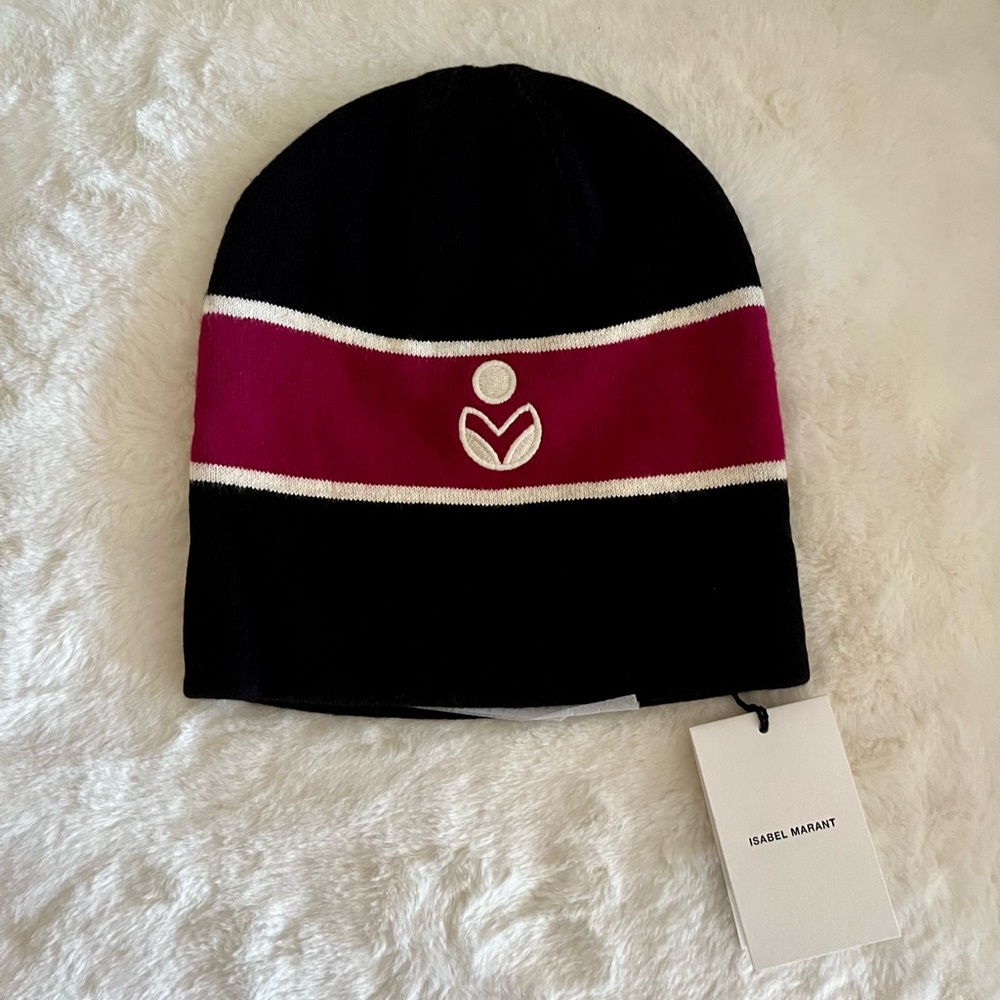 Isabel Marant Black Camden Cotton & Wool Ribbed Knit Beanie Hat w Logo NWT - Picture 9 of 13